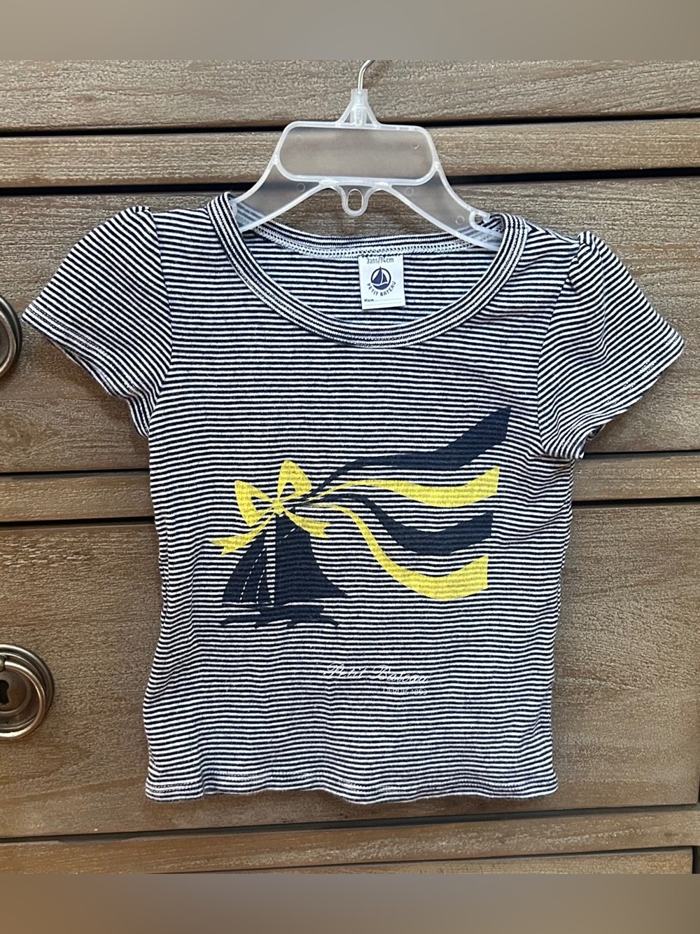 Petit Bateau Girl’s Navy & White Striped Tee with Yellow Sail Bow - 3T